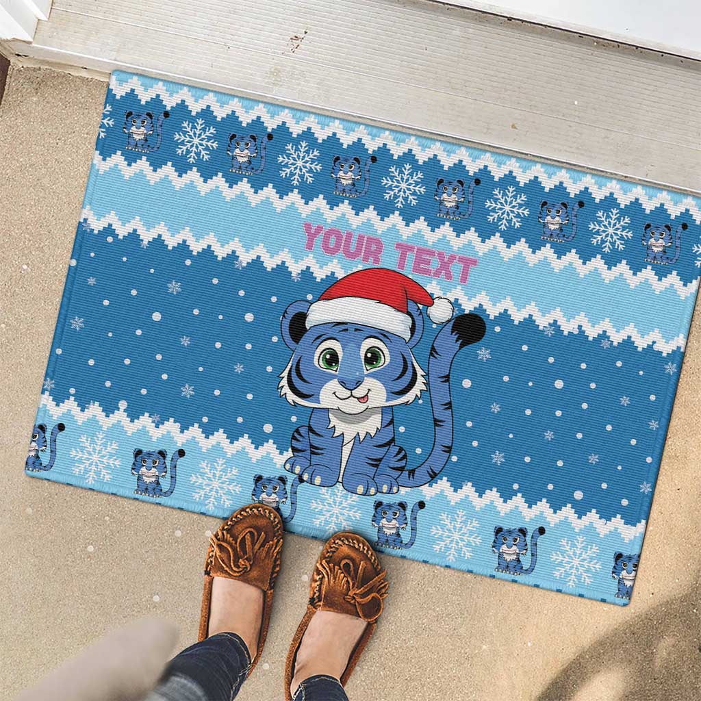 Personalized Blue Tiger Christmas Rubber Doormat Kawaii Derpy Tiger Santa Mode - Wonder Print Shop