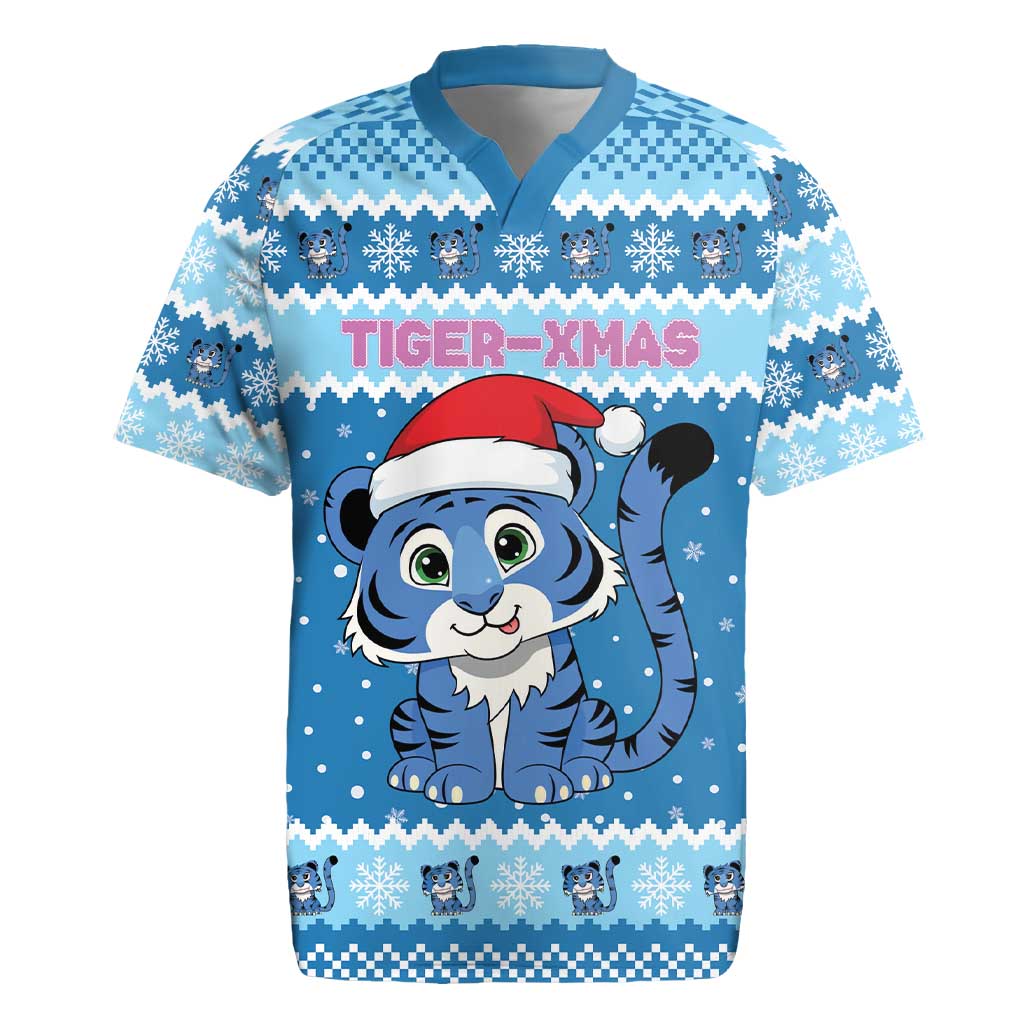 Personalized Blue Tiger Christmas Rugby Jersey Kawaii Derpy Tiger Santa Mode - Wonder Print Shop