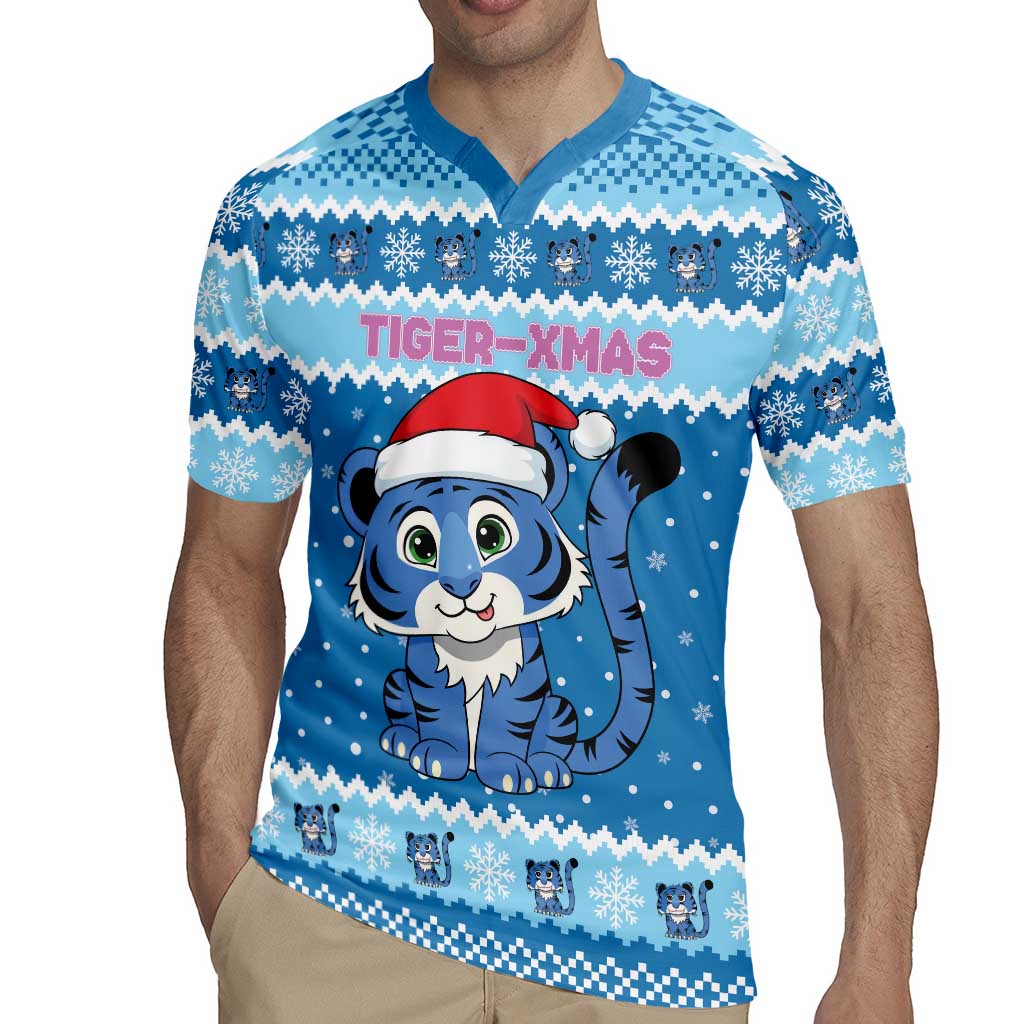 Personalized Blue Tiger Christmas Rugby Jersey Kawaii Derpy Tiger Santa Mode - Wonder Print Shop