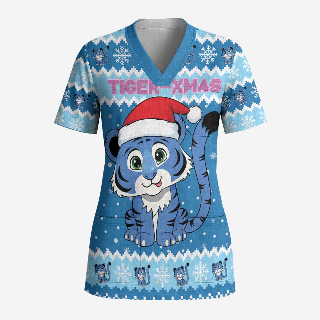 Personalized Blue Tiger Christmas Scrub Top Kawaii Derpy Tiger Santa Mode - Wonder Print Shop