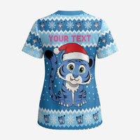 Personalized Blue Tiger Christmas Scrub Top Kawaii Derpy Tiger Santa Mode - Wonder Print Shop