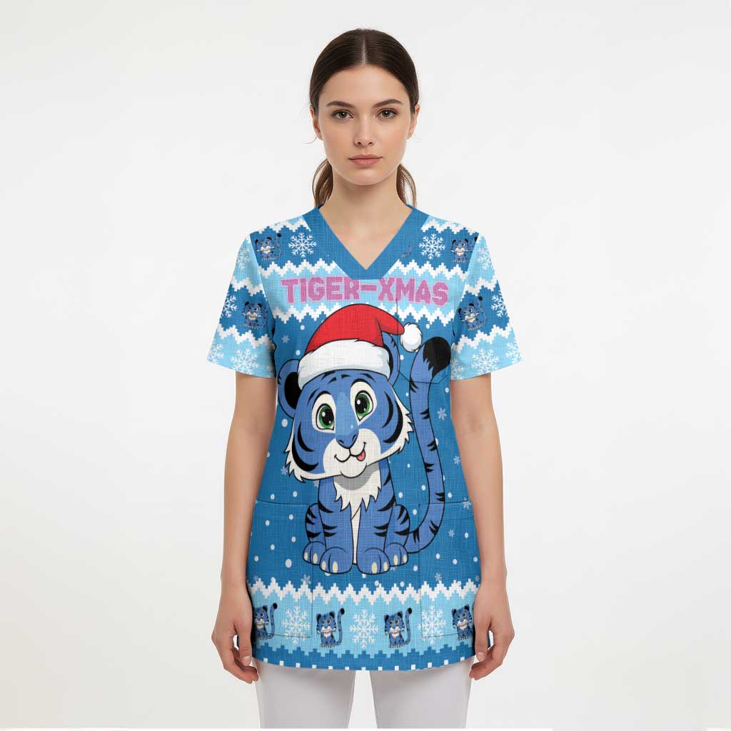 Personalized Blue Tiger Christmas Scrub Top Kawaii Derpy Tiger Santa Mode - Wonder Print Shop