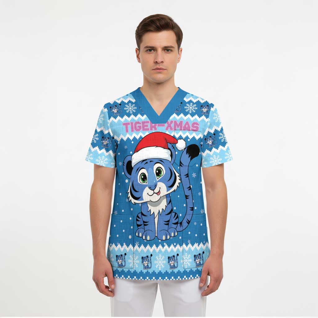 Personalized Blue Tiger Christmas Scrub Top Kawaii Derpy Tiger Santa Mode - Wonder Print Shop