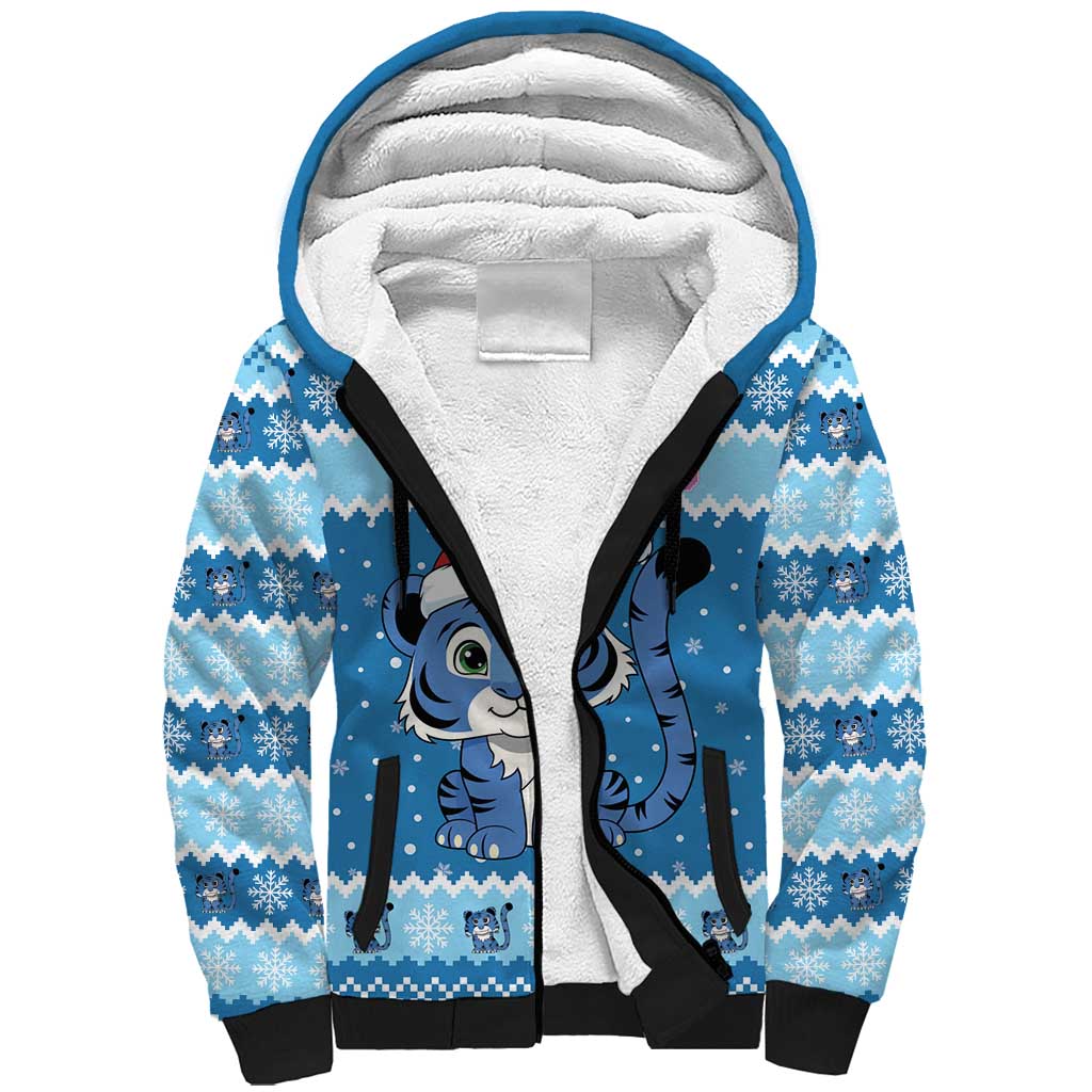 Personalized Blue Tiger Christmas Sherpa Hoodie Kawaii Derpy Tiger Santa Mode - Wonder Print Shop