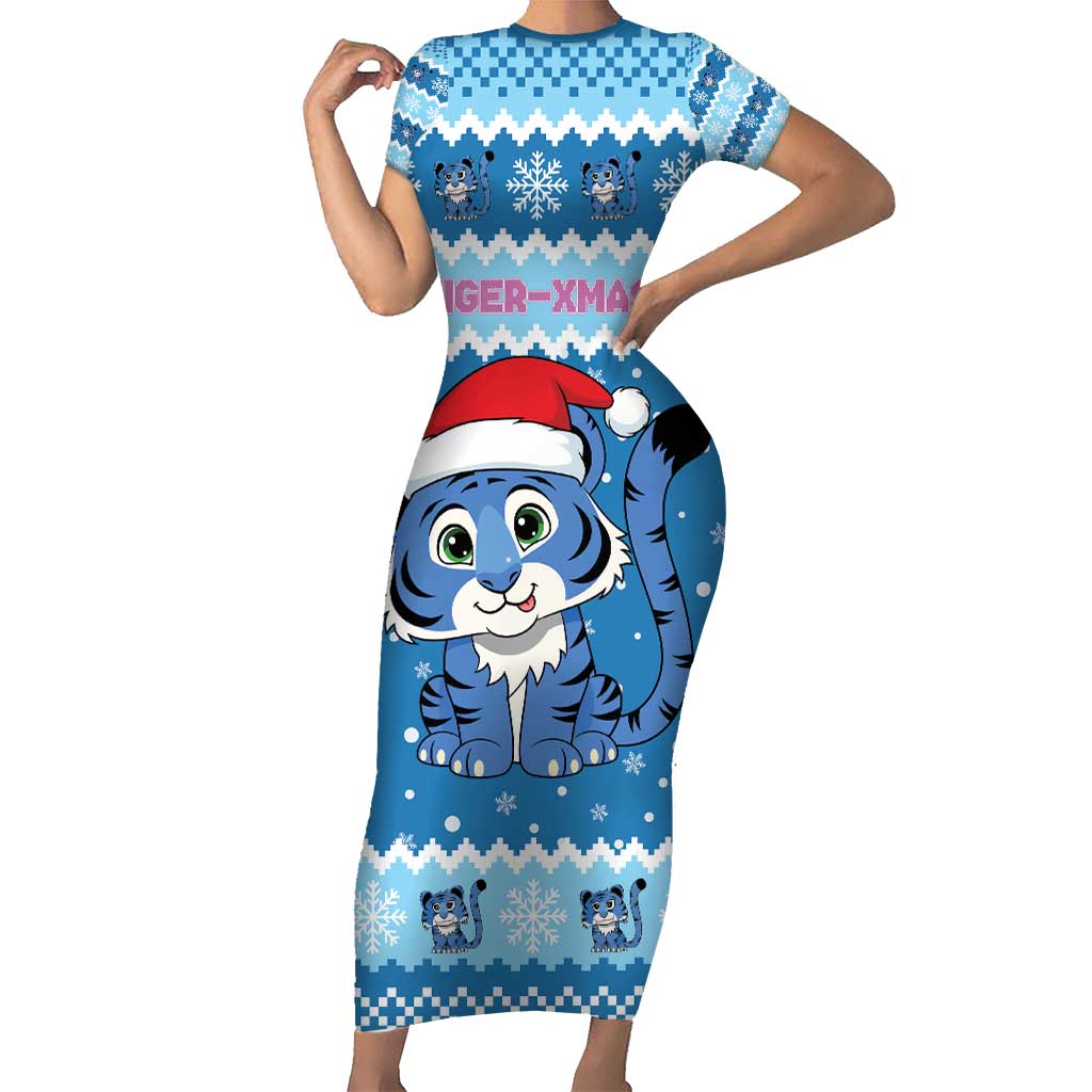 Personalized Blue Tiger Christmas Short Sleeve Bodycon Dress Kawaii Derpy Tiger Santa Mode - Wonder Print Shop