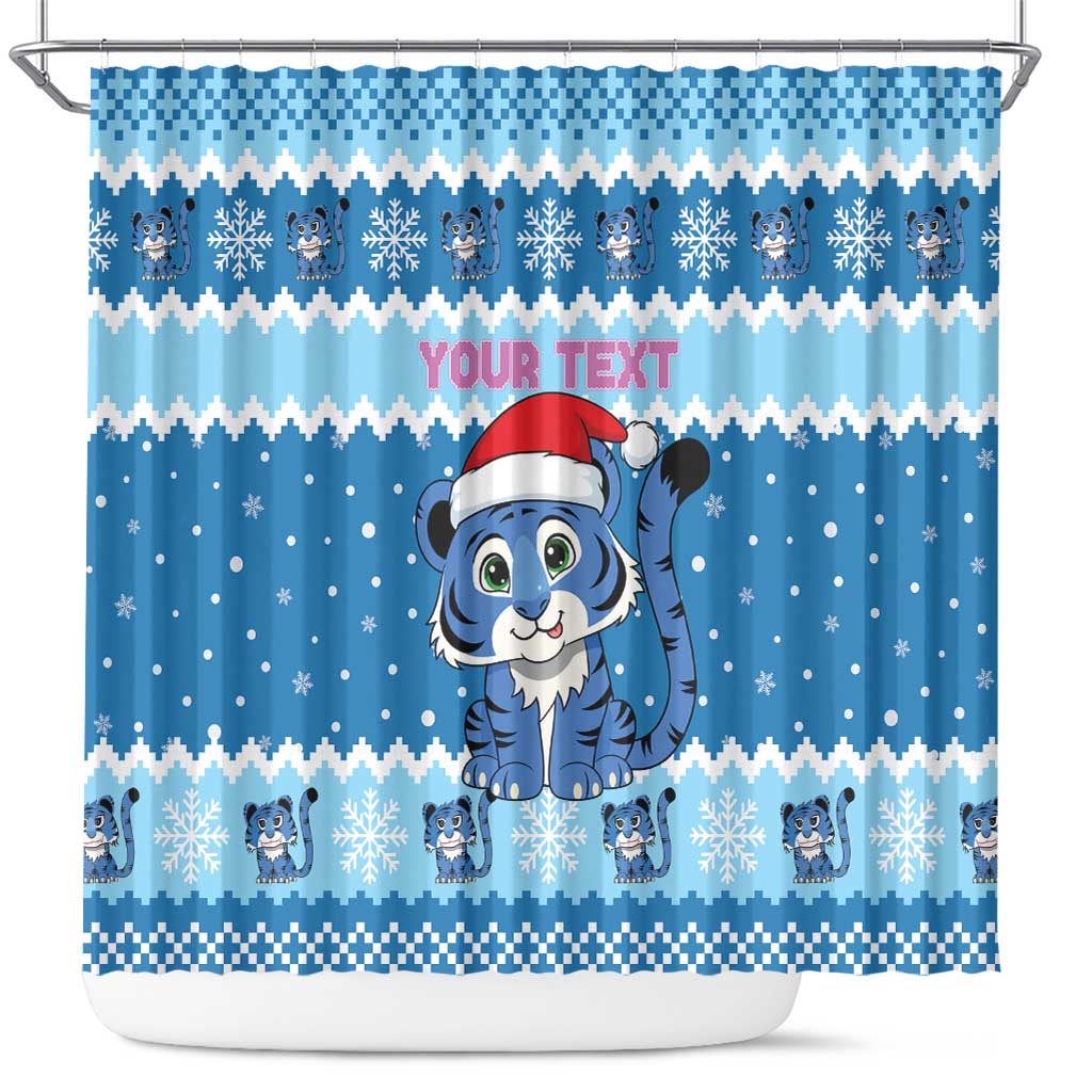 Personalized Blue Tiger Christmas Shower Curtain Kawaii Derpy Tiger Santa Mode - Wonder Print Shop
