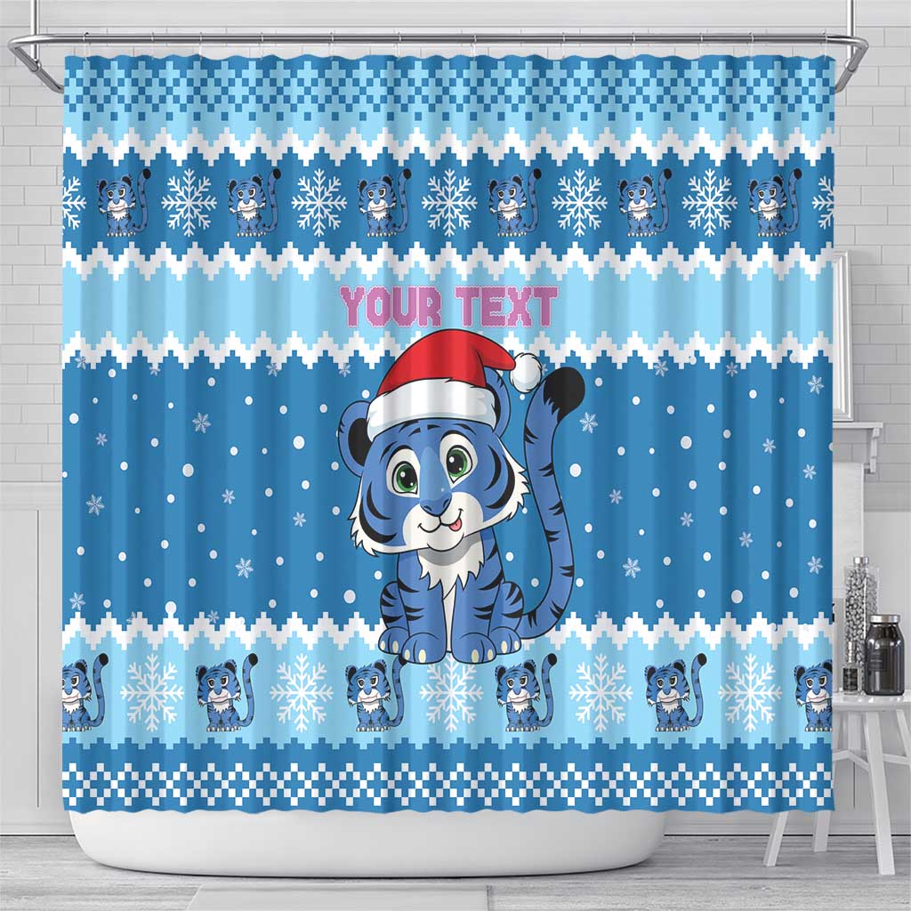 Personalized Blue Tiger Christmas Shower Curtain Kawaii Derpy Tiger Santa Mode - Wonder Print Shop