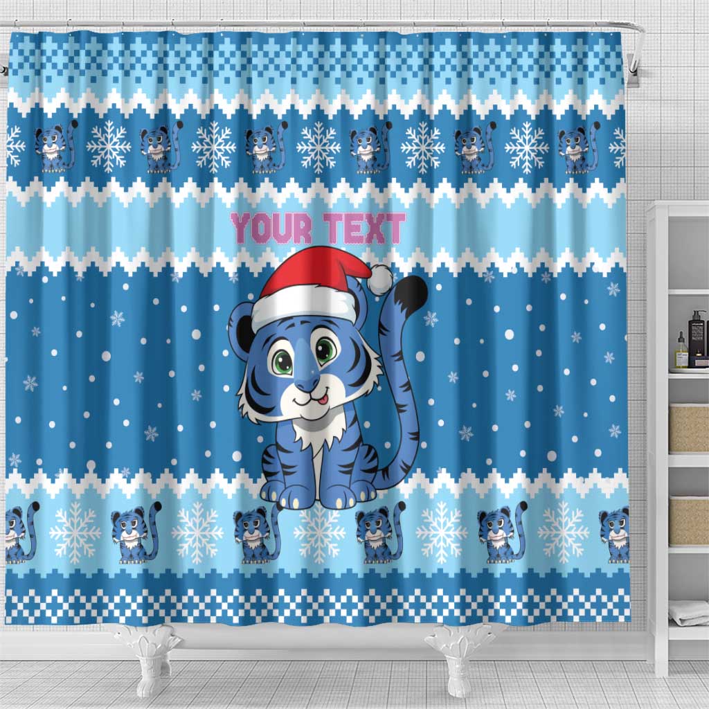 Personalized Blue Tiger Christmas Shower Curtain Kawaii Derpy Tiger Santa Mode - Wonder Print Shop
