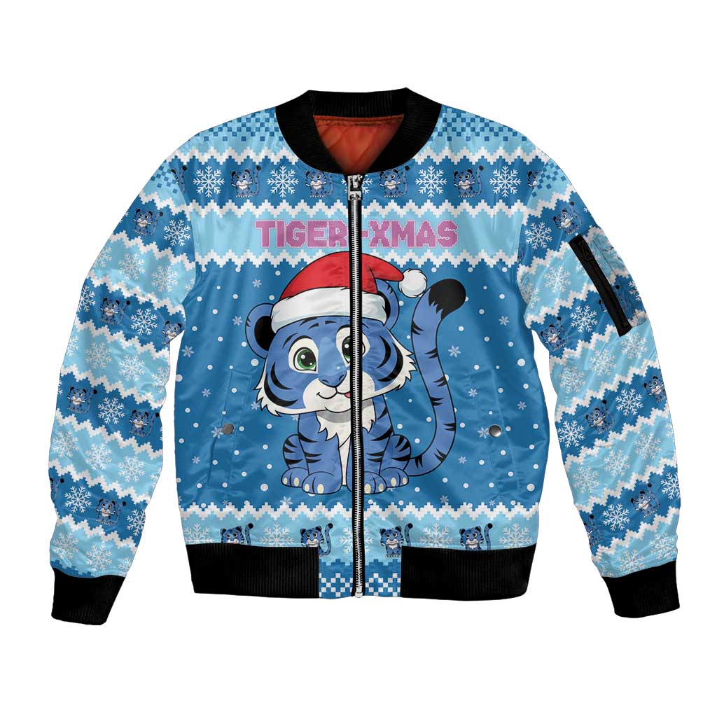 Personalized Blue Tiger Christmas Sleeve Zip Bomber Jacket Kawaii Derpy Tiger Santa Mode - Wonder Print Shop