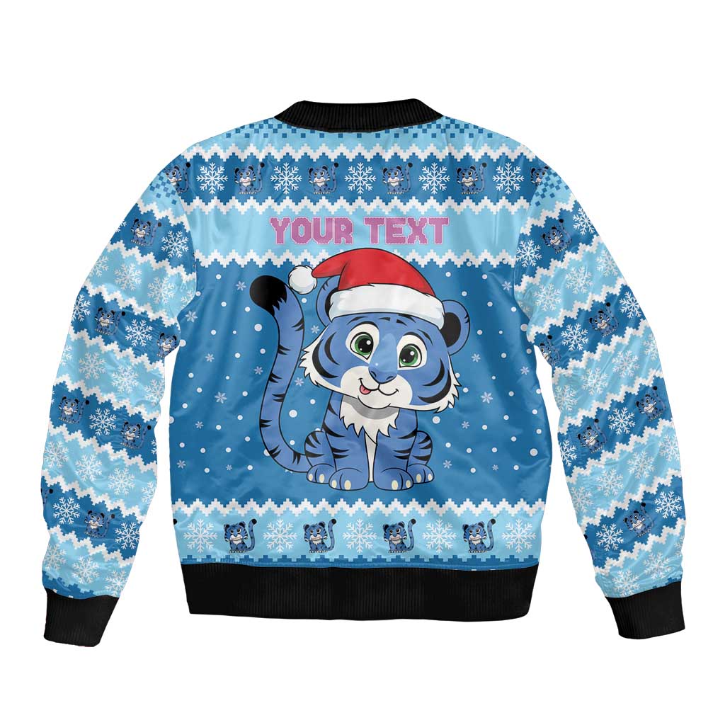 Personalized Blue Tiger Christmas Sleeve Zip Bomber Jacket Kawaii Derpy Tiger Santa Mode - Wonder Print Shop