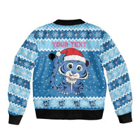 Personalized Blue Tiger Christmas Sleeve Zip Bomber Jacket Kawaii Derpy Tiger Santa Mode - Wonder Print Shop