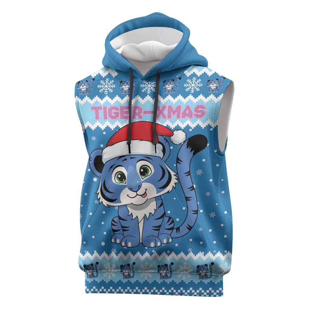 Personalized Blue Tiger Christmas Sleeveless Hoodie Kawaii Derpy Tiger Santa Mode - Wonder Print Shop