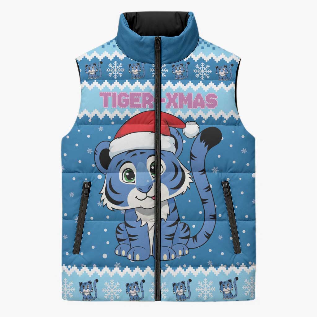 Personalized Blue Tiger Christmas Sleeveless Puffer Jacket Kawaii Derpy Tiger Santa Mode - Wonder Print Shop