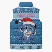 Personalized Blue Tiger Christmas Sleeveless Puffer Jacket Kawaii Derpy Tiger Santa Mode - Wonder Print Shop