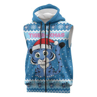 Personalized Blue Tiger Christmas Sleeveless Zip Hoodie Kawaii Derpy Tiger Santa Mode - Wonder Print Shop
