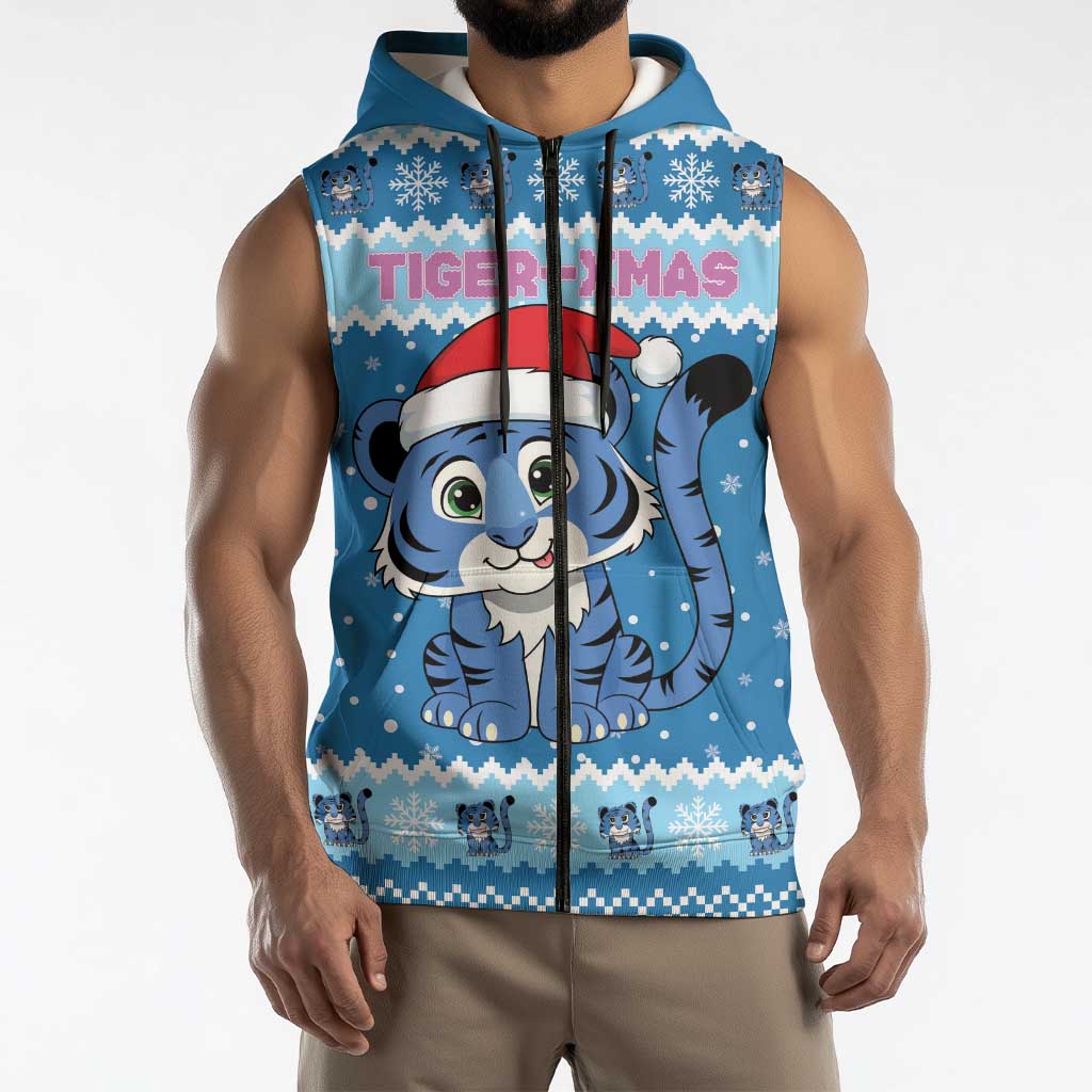 Personalized Blue Tiger Christmas Sleeveless Zip Hoodie Kawaii Derpy Tiger Santa Mode - Wonder Print Shop