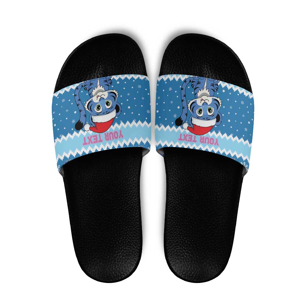 Personalized Blue Tiger Christmas Slide Sandals Kawaii Derpy Tiger Santa Mode - Wonder Print Shop