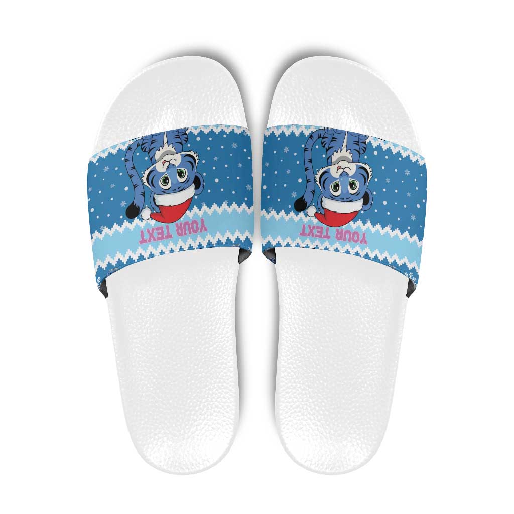 Personalized Blue Tiger Christmas Slide Sandals Kawaii Derpy Tiger Santa Mode - Wonder Print Shop