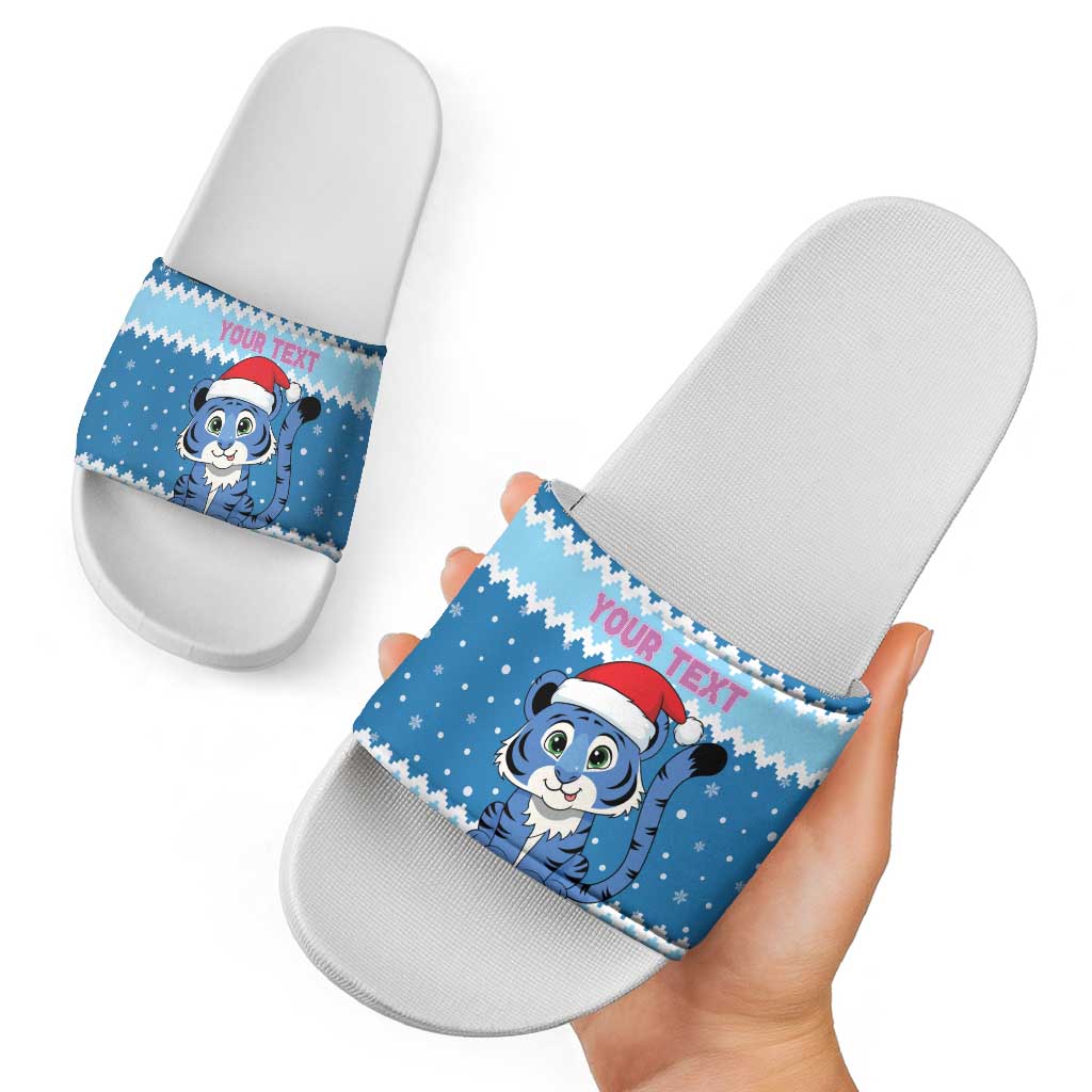 Personalized Blue Tiger Christmas Slide Sandals Kawaii Derpy Tiger Santa Mode - Wonder Print Shop
