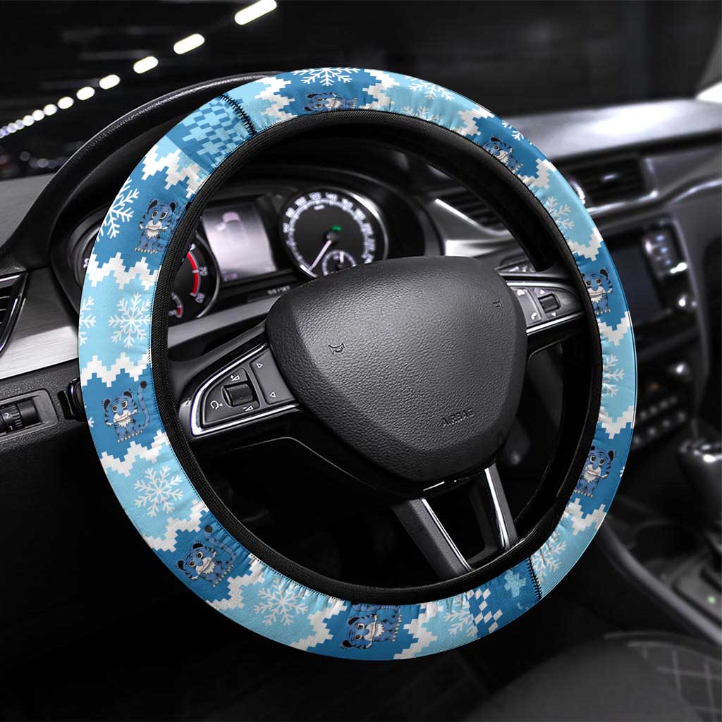 Blue Tiger Christmas Steering Wheel Cover Kawaii Derpy Tiger Santa Mode - Wonder Print Shop