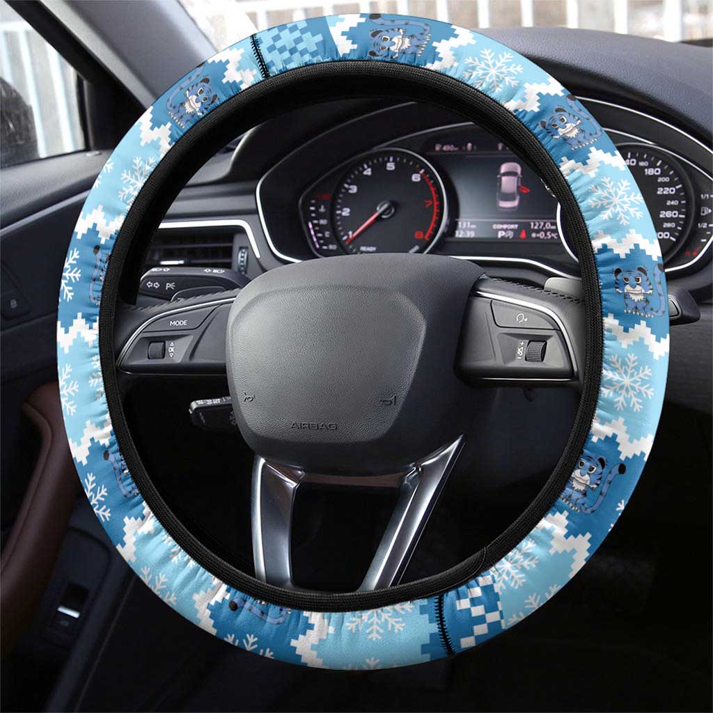 Blue Tiger Christmas Steering Wheel Cover Kawaii Derpy Tiger Santa Mode - Wonder Print Shop