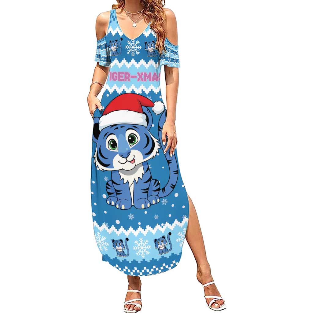 Personalized Blue Tiger Christmas Summer Maxi Dress Kawaii Derpy Tiger Santa Mode - Wonder Print Shop