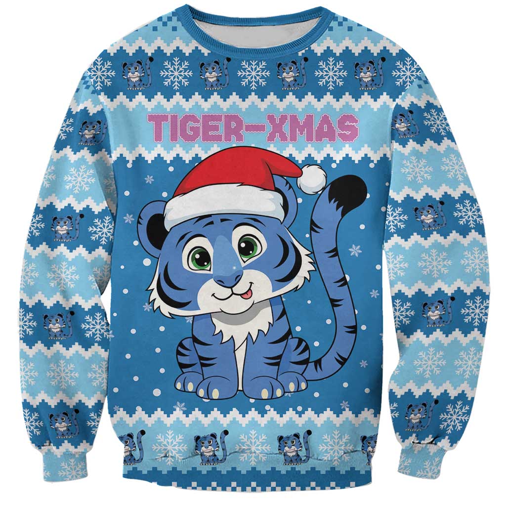 Personalized Blue Tiger Christmas Sweatshirt Kawaii Derpy Tiger Santa Mode - Wonder Print Shop