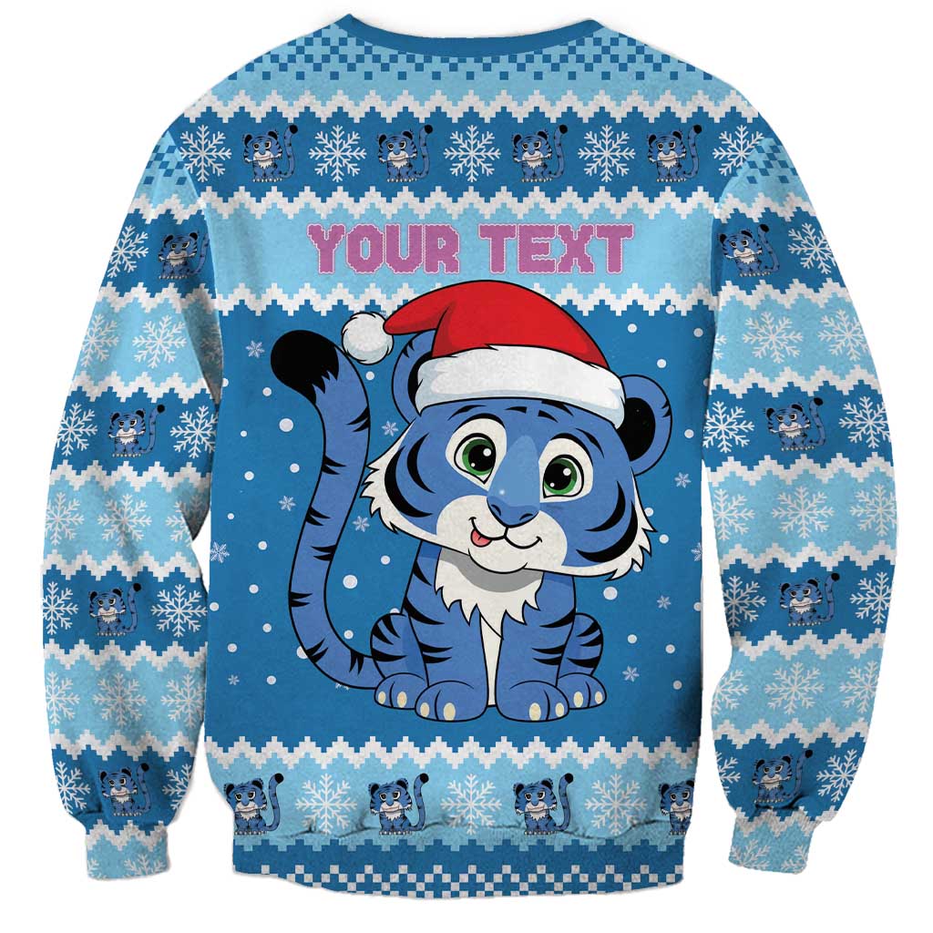 Personalized Blue Tiger Christmas Sweatshirt Kawaii Derpy Tiger Santa Mode - Wonder Print Shop