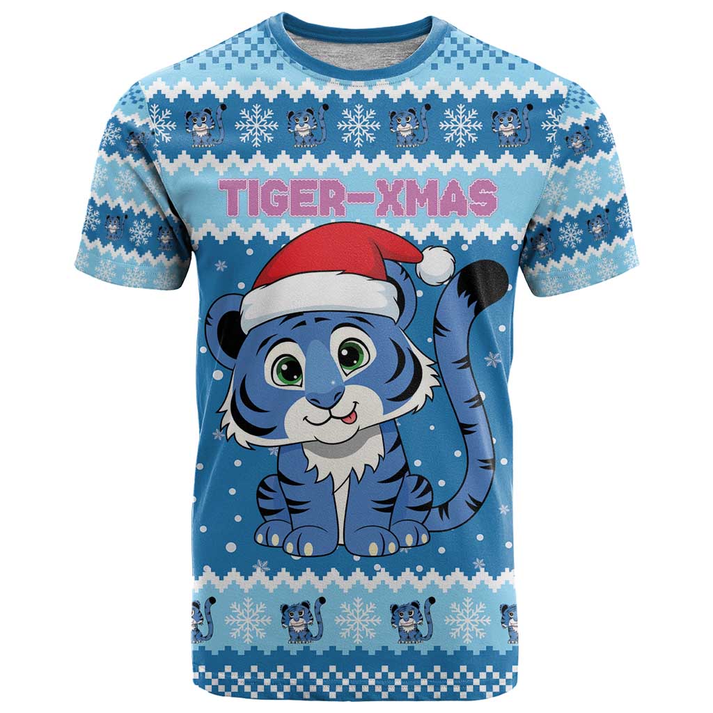Personalized Blue Tiger Christmas T Shirt Kawaii Derpy Tiger Santa Mode - Wonder Print Shop