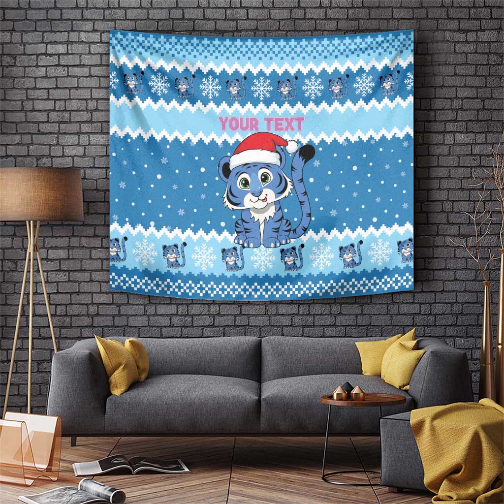 Personalized Blue Tiger Christmas Tapestry Kawaii Derpy Tiger Santa Mode - Wonder Print Shop