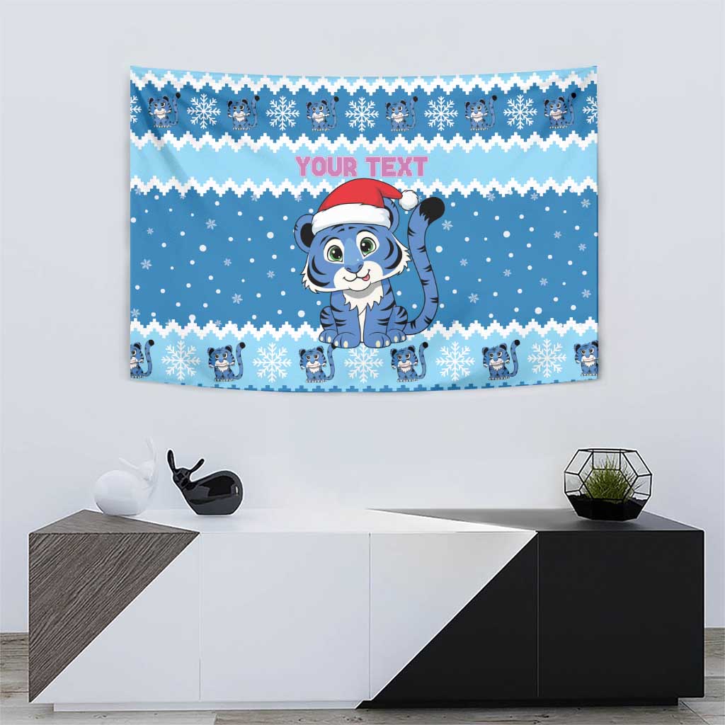 Personalized Blue Tiger Christmas Tapestry Kawaii Derpy Tiger Santa Mode - Wonder Print Shop