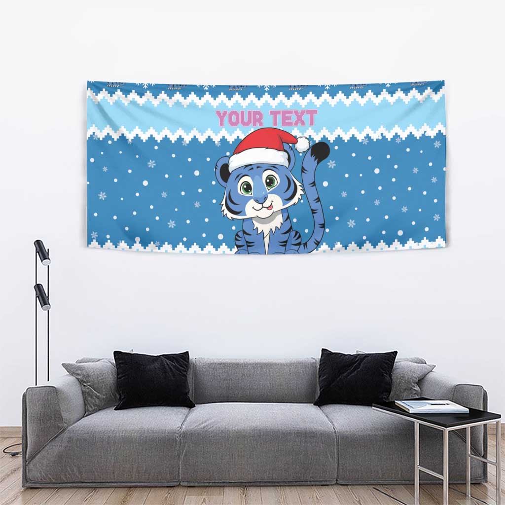 Personalized Blue Tiger Christmas Tapestry Kawaii Derpy Tiger Santa Mode - Wonder Print Shop