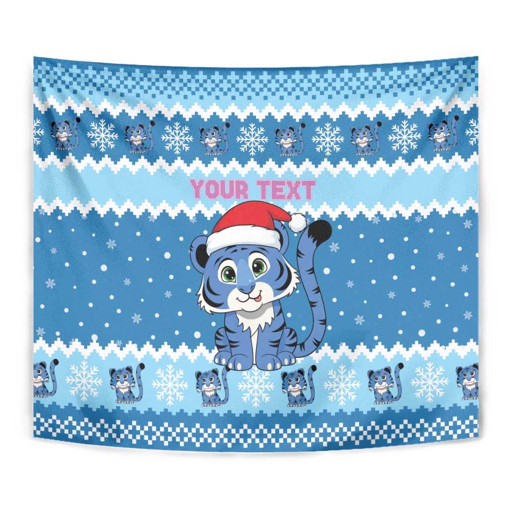 Personalized Blue Tiger Christmas Tapestry Kawaii Derpy Tiger Santa Mode - Wonder Print Shop