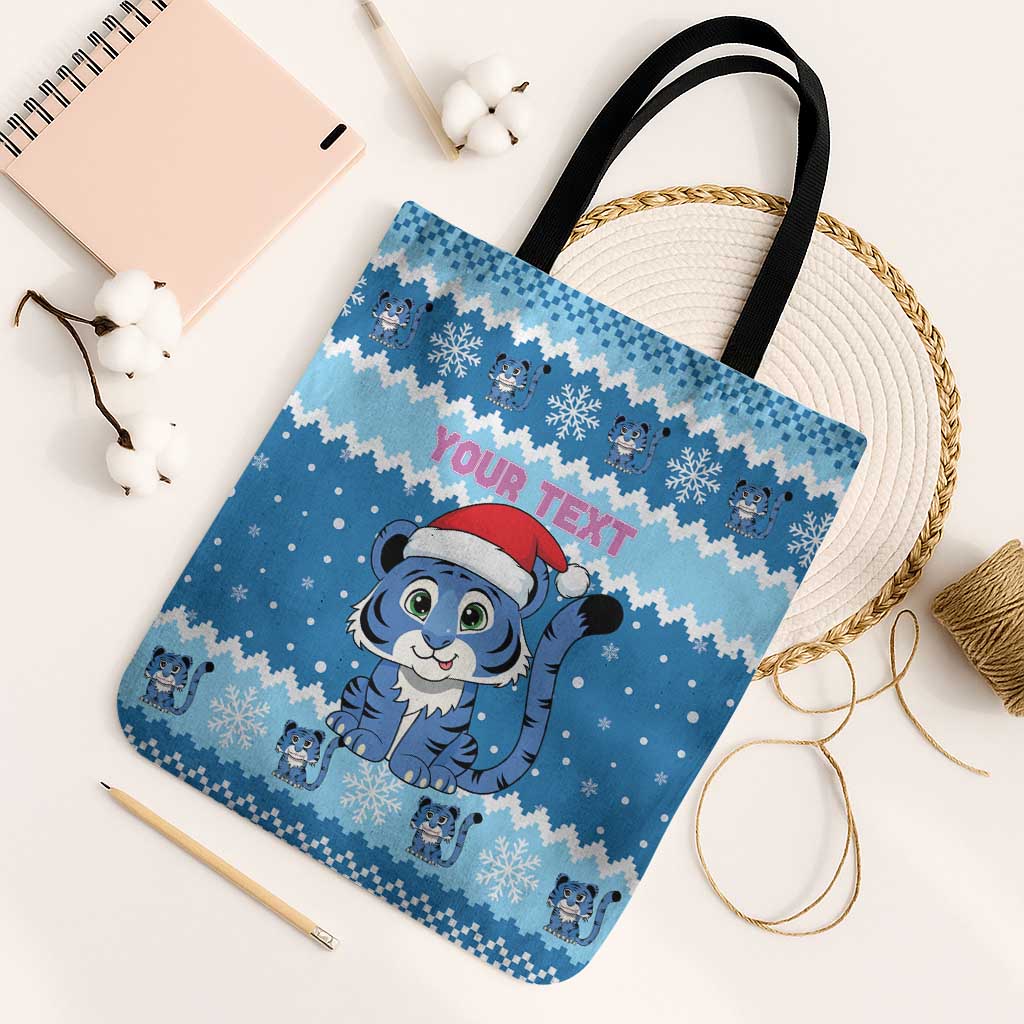 Personalized Blue Tiger Christmas Tote Bag Kawaii Derpy Tiger Santa Mode - Wonder Print Shop