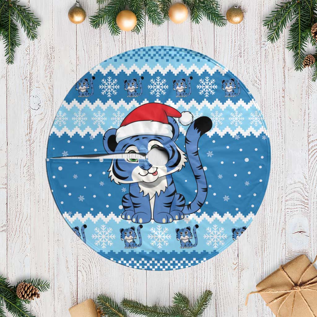 Blue Tiger Christmas Tree Skirt Kawaii Derpy Tiger Santa Mode - Wonder Print Shop