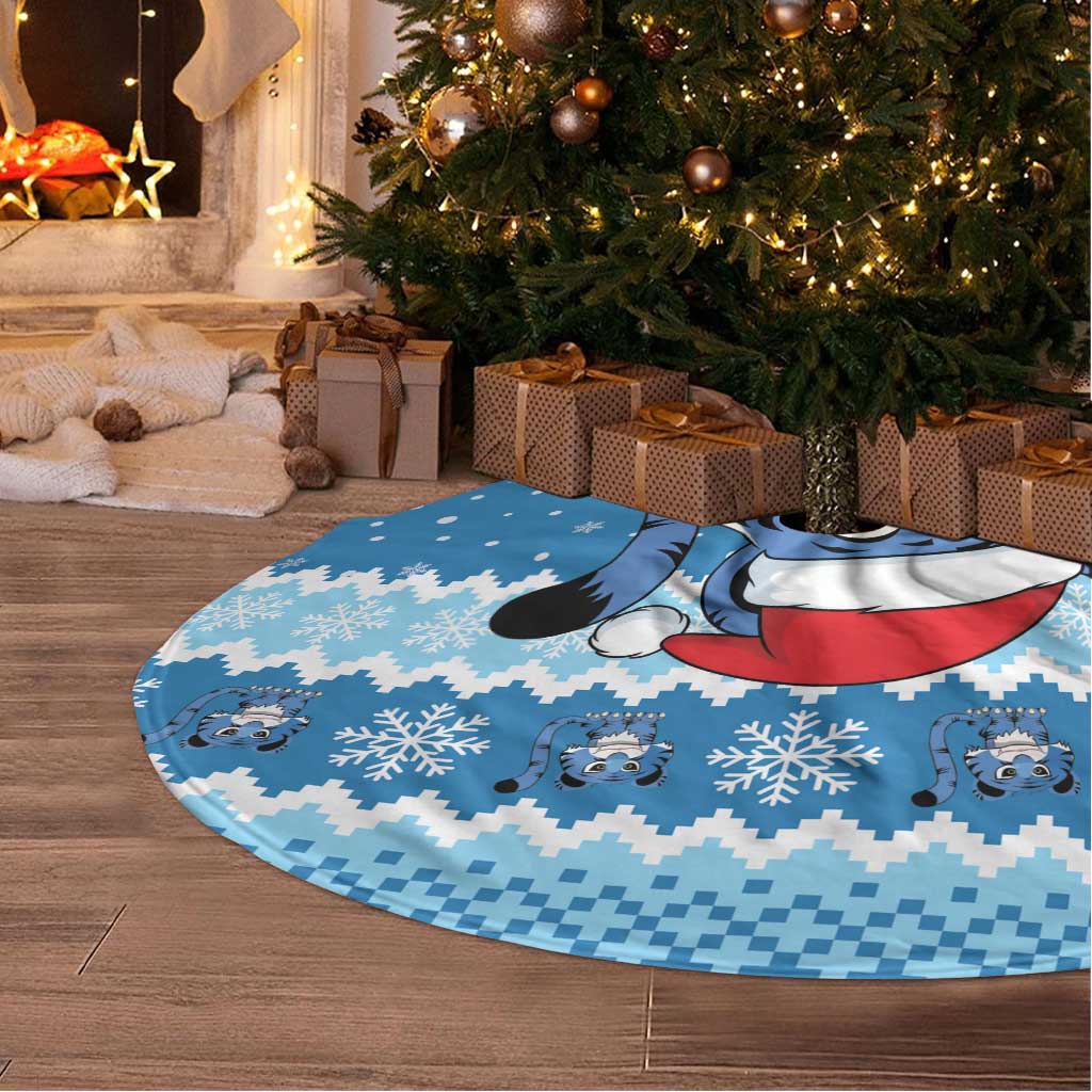 Blue Tiger Christmas Tree Skirt Kawaii Derpy Tiger Santa Mode - Wonder Print Shop