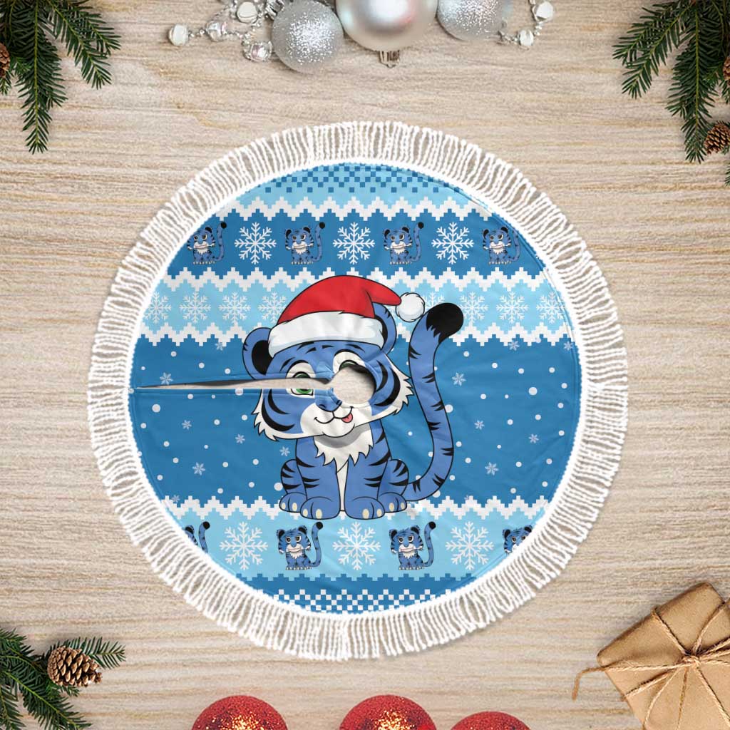 Blue Tiger Christmas Tree Skirt Kawaii Derpy Tiger Santa Mode - Wonder Print Shop