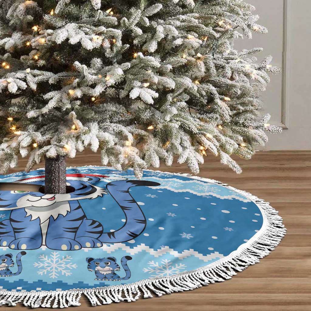 Blue Tiger Christmas Tree Skirt Kawaii Derpy Tiger Santa Mode - Wonder Print Shop
