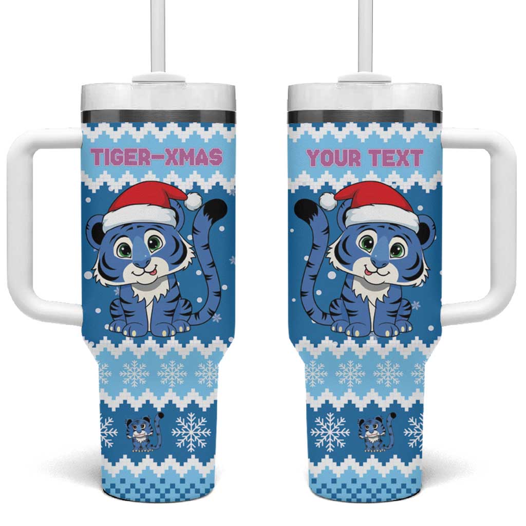Personalized Blue Tiger Christmas Tumbler With Handle Kawaii Derpy Tiger Santa Mode - Wonder Print Shop