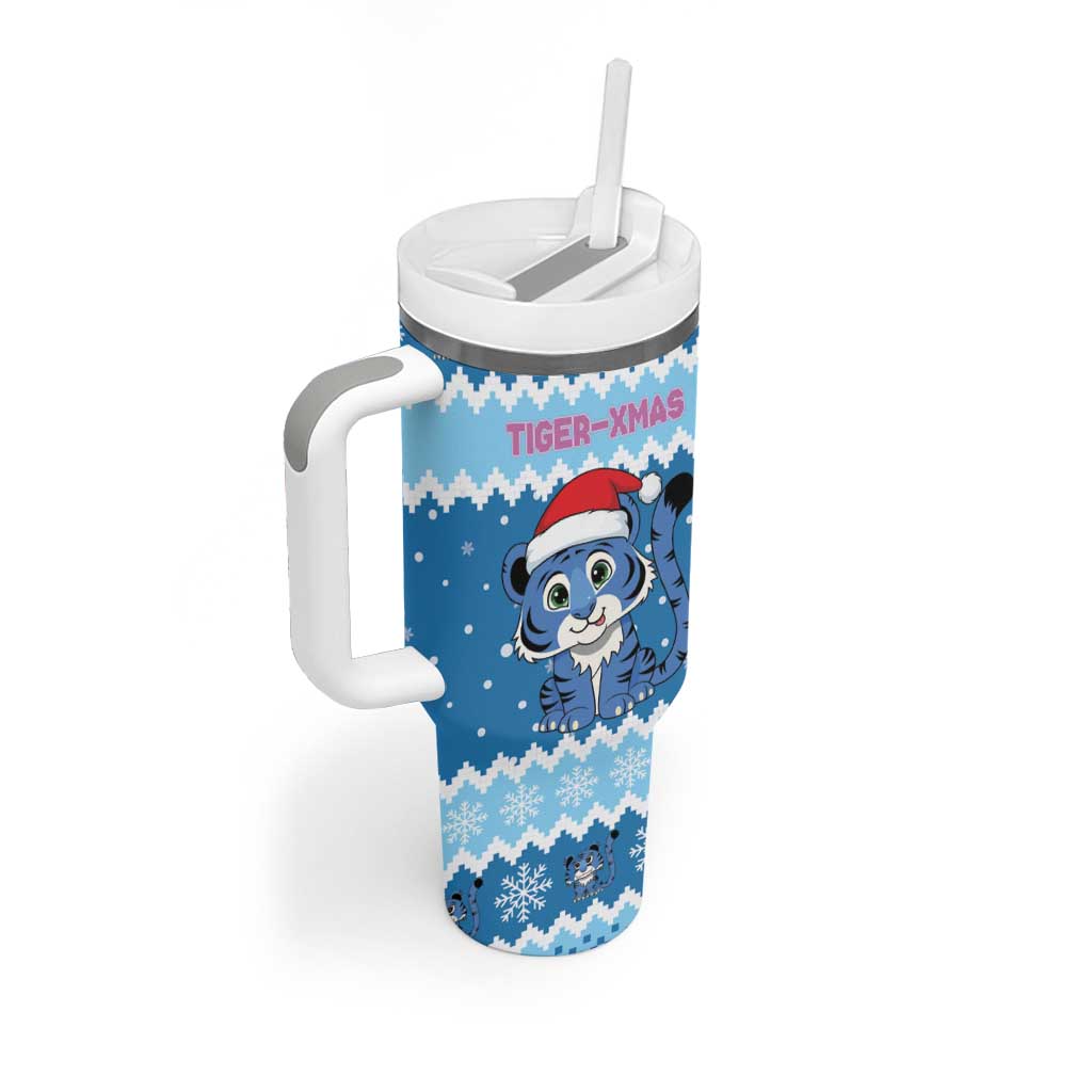 Personalized Blue Tiger Christmas Tumbler With Handle Kawaii Derpy Tiger Santa Mode - Wonder Print Shop