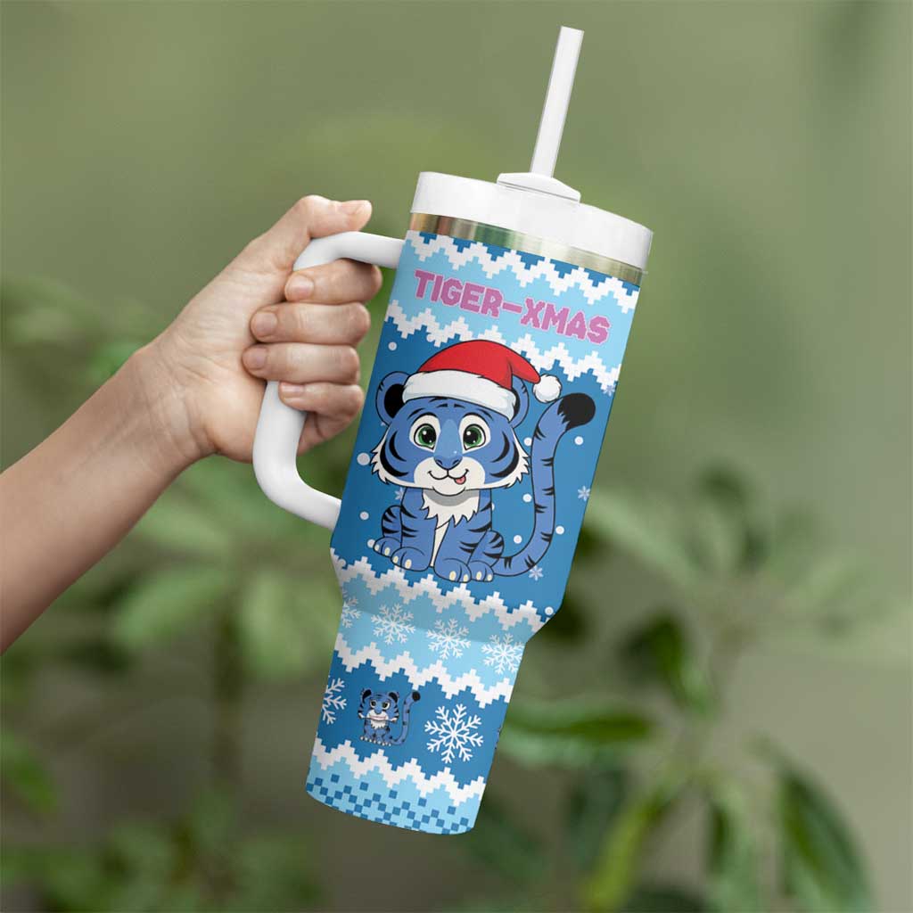 Personalized Blue Tiger Christmas Tumbler With Handle Kawaii Derpy Tiger Santa Mode - Wonder Print Shop