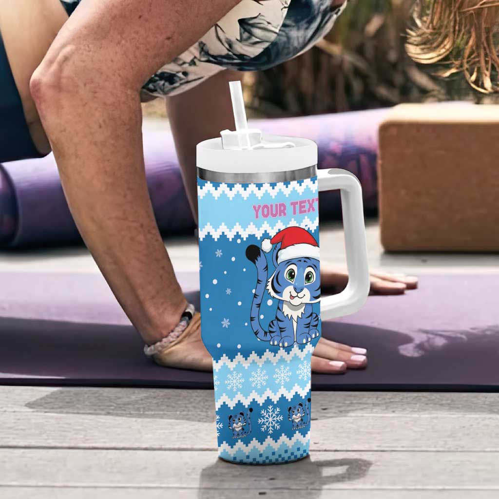 Personalized Blue Tiger Christmas Tumbler With Handle Kawaii Derpy Tiger Santa Mode - Wonder Print Shop