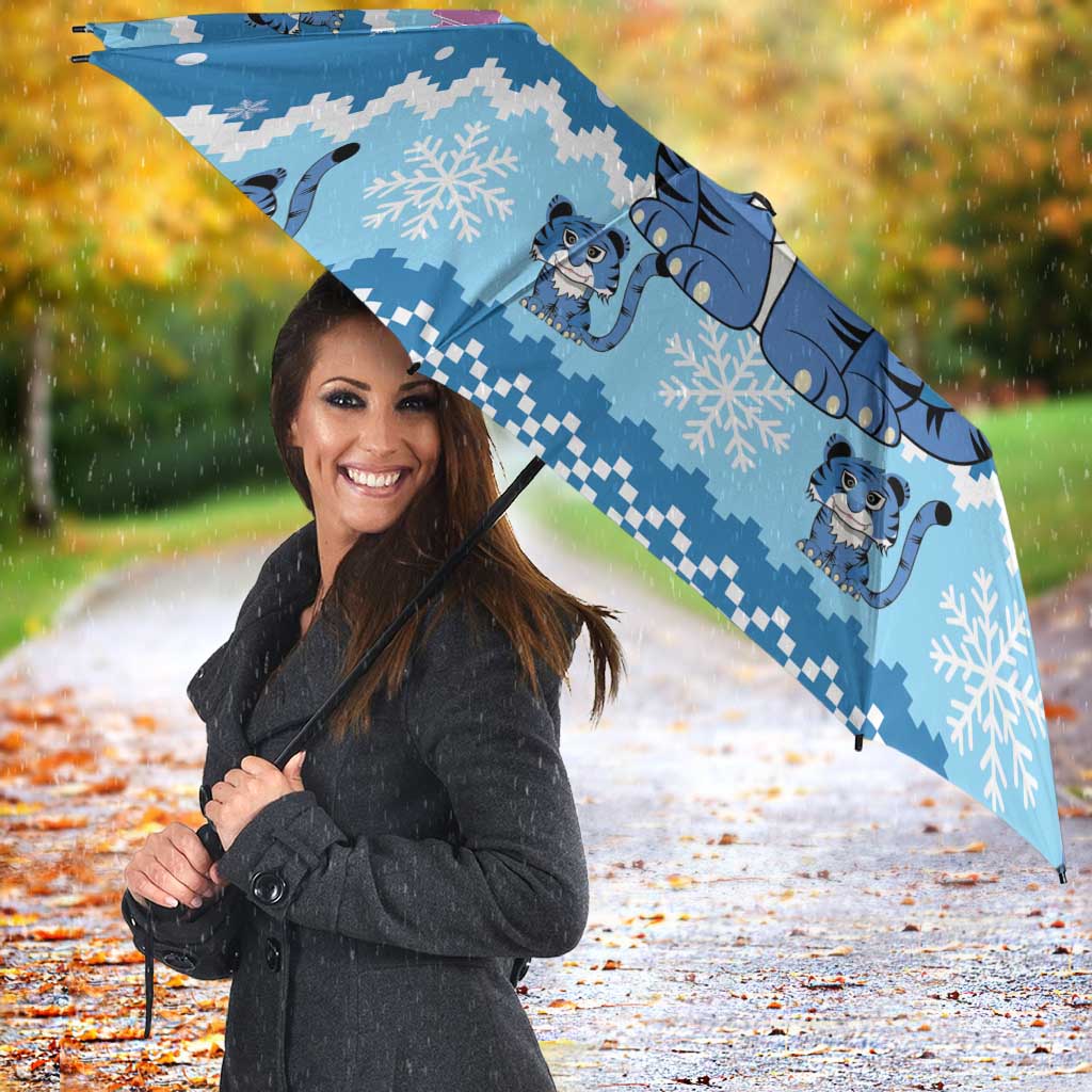 Personalized Blue Tiger Christmas Umbrella Kawaii Derpy Tiger Santa Mode - Wonder Print Shop