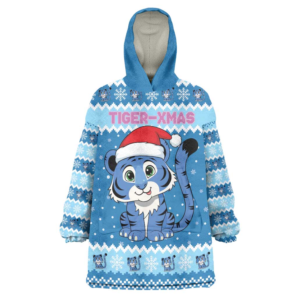 Personalized Blue Tiger Christmas Wearable Blanket Hoodie Kawaii Derpy Tiger Santa Mode - Wonder Print Shop