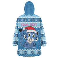 Personalized Blue Tiger Christmas Wearable Blanket Hoodie Kawaii Derpy Tiger Santa Mode - Wonder Print Shop