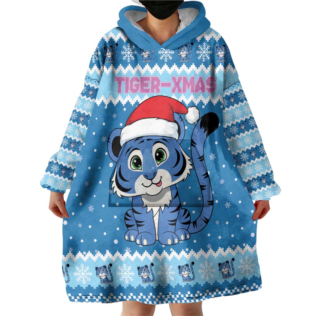 Personalized Blue Tiger Christmas Wearable Blanket Hoodie Kawaii Derpy Tiger Santa Mode - Wonder Print Shop
