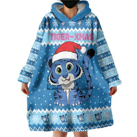 Personalized Blue Tiger Christmas Wearable Blanket Hoodie Kawaii Derpy Tiger Santa Mode - Wonder Print Shop