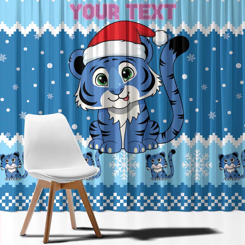 Personalized Blue Tiger Christmas Window Curtain Kawaii Derpy Tiger Santa Mode - Wonder Print Shop