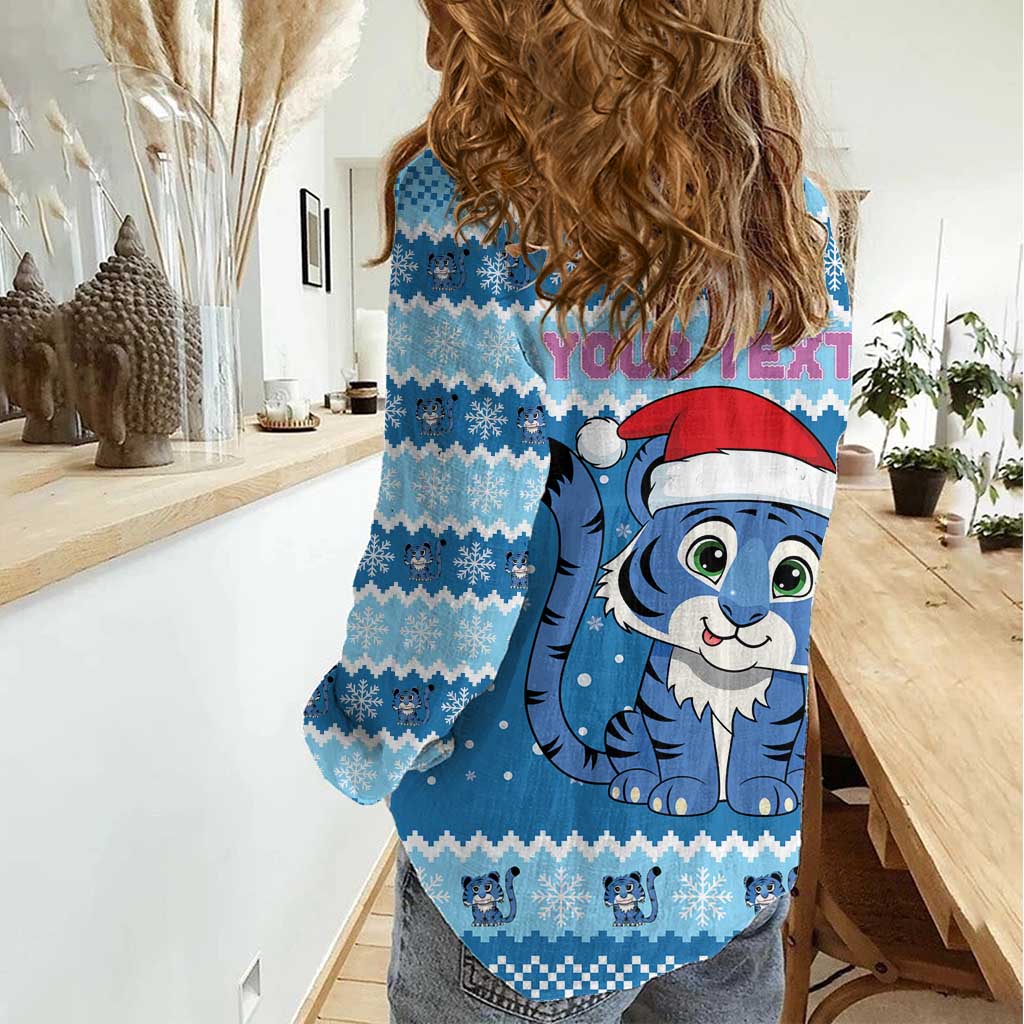 Personalized Blue Tiger Christmas Women Casual Shirt Kawaii Derpy Tiger Santa Mode - Wonder Print Shop