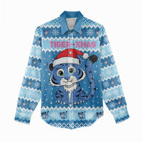 Personalized Blue Tiger Christmas Women Casual Shirt Kawaii Derpy Tiger Santa Mode - Wonder Print Shop